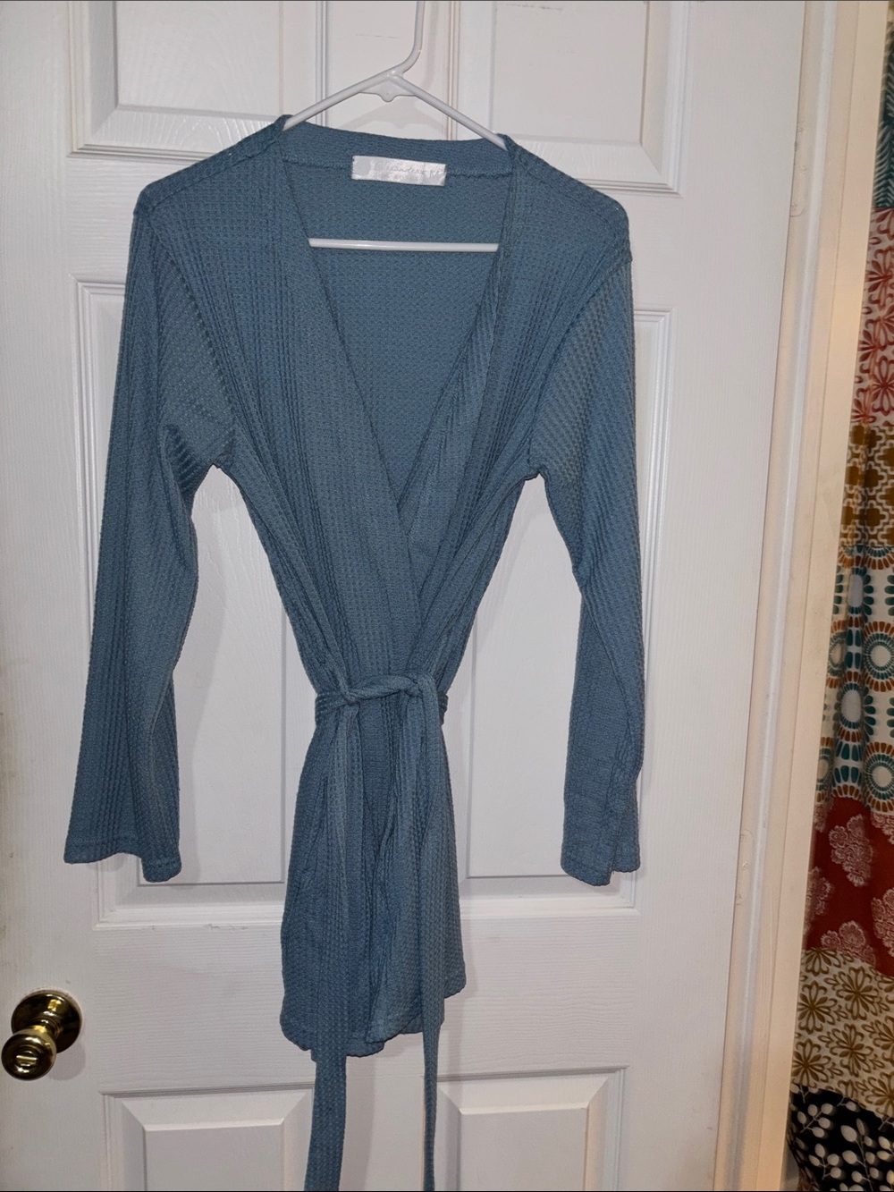 Cozy Light Blue Knit Wrap Robe with Self-Tie Belt